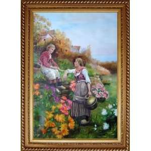 Gossips Oil Painting, with Exquisite Dark Gold Wood Frame 42.5 x 30.5 