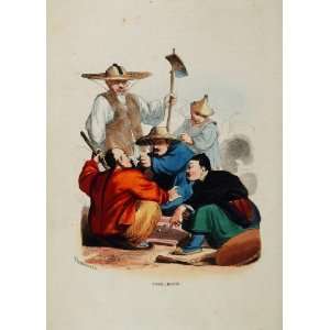 1845 Print Costume Chinese Peasant Men Dice Game China   Hand Colored 