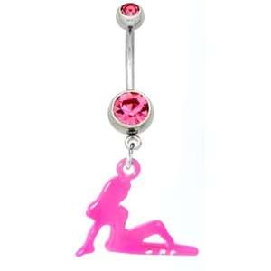   Steel Belly Ring with Pink Crystals   Dangling Pink Lady Jewelry