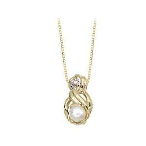 14K Yellow Gold 0.01 ct. Diamond and 5 x 3 MM Pearl Pendant with Chain
