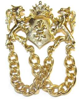 ORNATE VINTAGE GOLD TONE METAL CREST CROWN DOUBLE CHAIN JEWELRY BROOCH 