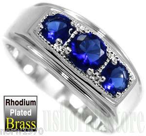 Mens Three Blue Stones Rhodium Plated Ring New  