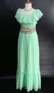vintage 70 GREEN RUFFLED Long Prairie Maxi Dress Gown S  