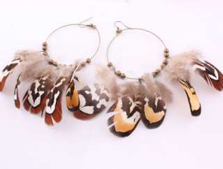 30 Pairs Fashion Five Natural Brown Pheasant Feather Bead Hoop Earring 