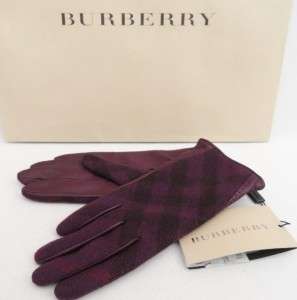 BN Burberry Deep Plum Leather 100% Cashmere Lined Check Gloves  SZ 8 