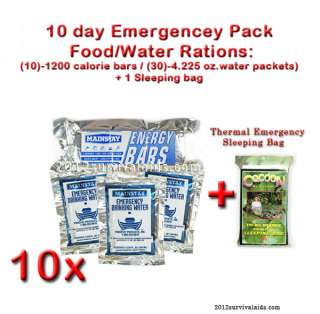 10 DAY EMERGENCY SURVIVAL FOOD/WATER RATIONS PACK W/1 COCOON SLEEPING 