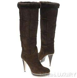 1195 BALLY Brown Suede Fur Knee High Boots Shoes US 9 EUR 39.5 NEW 
