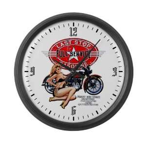 Large Wall Clock Last Stop Full Service Gasoline Motorcycle Girl