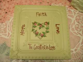 FAITH,LOVE,HOPE METAL PLAQUE~ROSES~Shabby~Cottage~Chic  