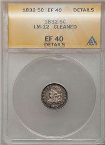 1832 BUST HALF DIME LM 12 ANACS XF40 Details Cleaned Nicely retoned NO 