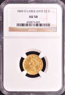 1843 O LIBERTY $2 1/2 NGC MS 58  