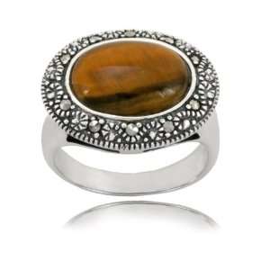  Sterling Silver Marcasite and Tiger Eye Oval Ring, Size 6 