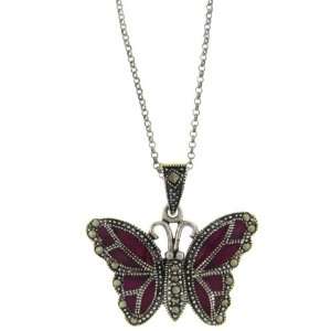    Sterling Silver Marcasite Purple Enamel Butterfly Pendant Jewelry