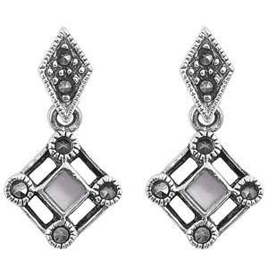  Silver Diamond Shape Dangling Earrings with Pearl & Marcasite Jewelry