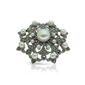   Silver Freshwater Pearl & Marcasite Contemporary Brooch Jewelry