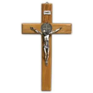 Saint Benedict Crucifix   Olive Wood and Silver Corpus   Wall Crucifix 
