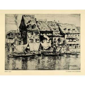  1915 Print Artist Peter Halm Fishing Houses Bramburg River 
