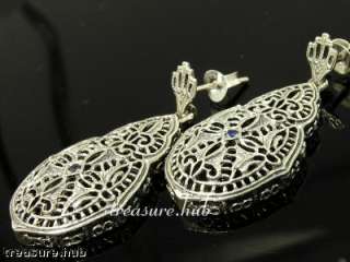 ART DECO,925 Sterling Silver FILIGREE Sapphire Earrings  