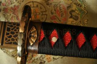 Black&Red Folded Steel Blade Fans Brass Tsuba Japanese Samurai Sword 