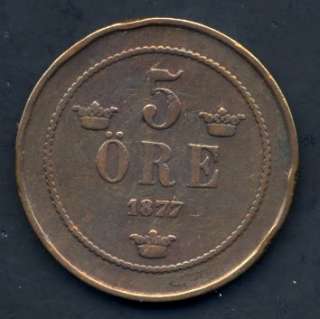 Sweden 1877 5 Ore (Very Fine) Bronze  