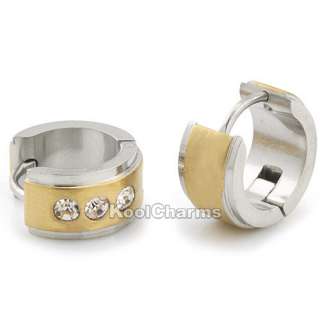 Gold /Silver Tone Rhinestone Stainless Steel MENS Hoop Earrings KE50 