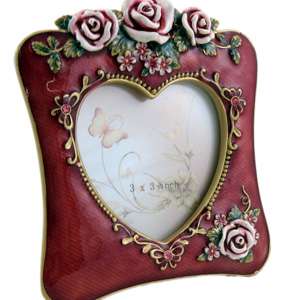   red picture photo frame vintage style pink rose heart shaped 3x3 inch