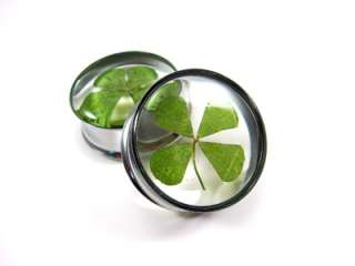 Pair of REAL 4 Leaf Clover Plugs gauges Choose Size new  