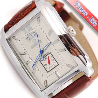 New Mens Automatic Wrist Watch Oblong Date Second White Claret Square 