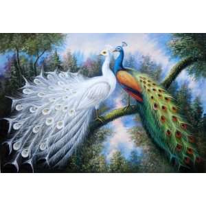  Beautiful White and Blue Peacocks Oil Painting 24 x 36 