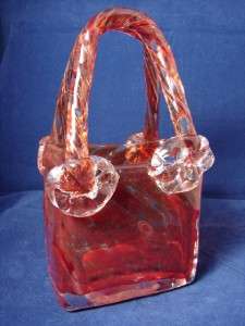 Handblown handmade Red Twist Glass Clear Glass Vase Handbag Purse 