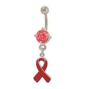  Red Ribbon Aids Awareness Belly Ring with Prong Set Jewel 