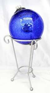 New Hand Blown Glass Blue Crackle Float Ball And Stand  