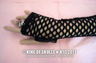 opera/full length fingerless gloves black fishnet holes fabric arm 