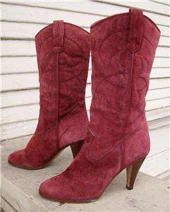 vtg 80s raspberry suede high stack heel boho boots 7.5  