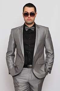 Slim Fit Men Suit Silver 1 Button Peak Lapel Sharkskin Fabric Zara 