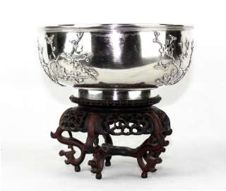 ANTIQUE CHINESE EXPORT SOLID SILVER LUEN WO SHANGHAI DRAGON BOWL CHINA 