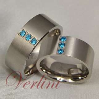 8MM Titanium Rings Wedding Bands Matching Set Blue Sapphire Simulated 
