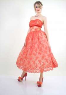   Vintage prom dress gown Coral net tulle 1950s Swing dance rockabilly