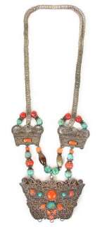 Heavy Chinese Antique Silver & Turquoise Necklace  