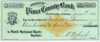 1881 PIMA COUNTY BANK CHECK   TOMBSTONE, ARIZONA TERRITORY WITH 