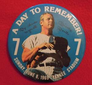 1969 MICKEY MANTLE BUTTON A DAY TO REMEMBER JUNE 8 YANKEE STADIUM NICE 