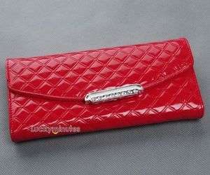 I699 Red Patent Leather Grid Jewel Lady Long Wallet Purse Coin Bag 