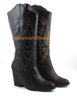Hot Urban Wedge Western Cowboy Cowgirl Boots Black 5.5  