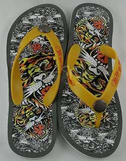 Ed Hardy Womens Tiger Flip Flop White Yellow Sandals  