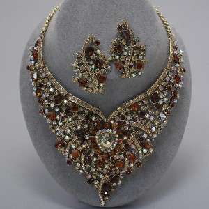   Crystals Heart Jeweled Bib Statement Necklace & Earrings Set  
