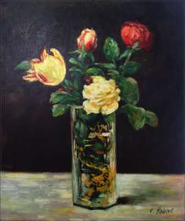 Hand Painted Oil Painting Repro Edouard Manet Roses & Tulips in Vase 