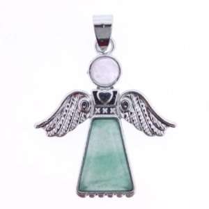 Pendants   Green Aventurine Angel Love Inlay Silver Plated Metal Base 