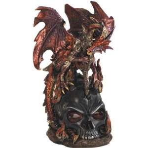  Red Armoured Dragon with Staff on Cracked Black Skull 