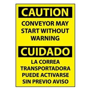  Bilingual Vinyl Sign   Caution Conveyor May Start Without 