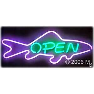 Neon Sign   Open Teal w/ Purple Finned Fish Large 13 x 32  